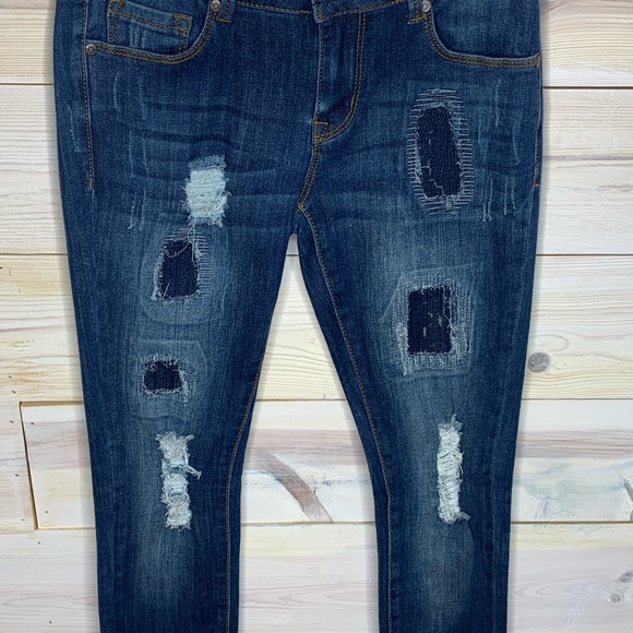 Size 0 Medium Washed Patched Distressed Jeans - Picture 2 of 10